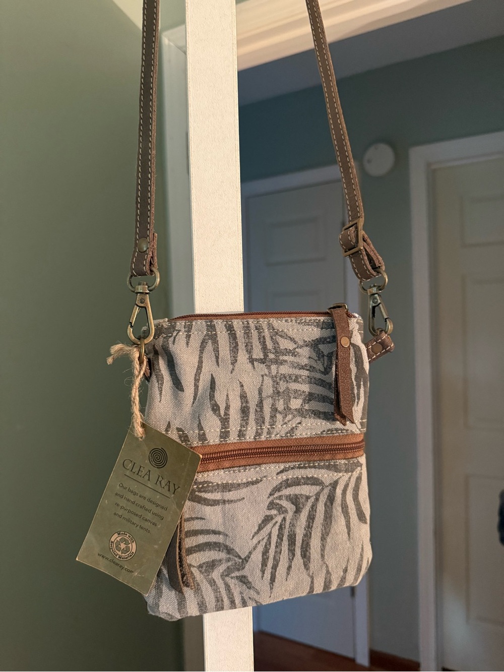 Clea Ray Palm Print Crossbody Bag with Brown Trim